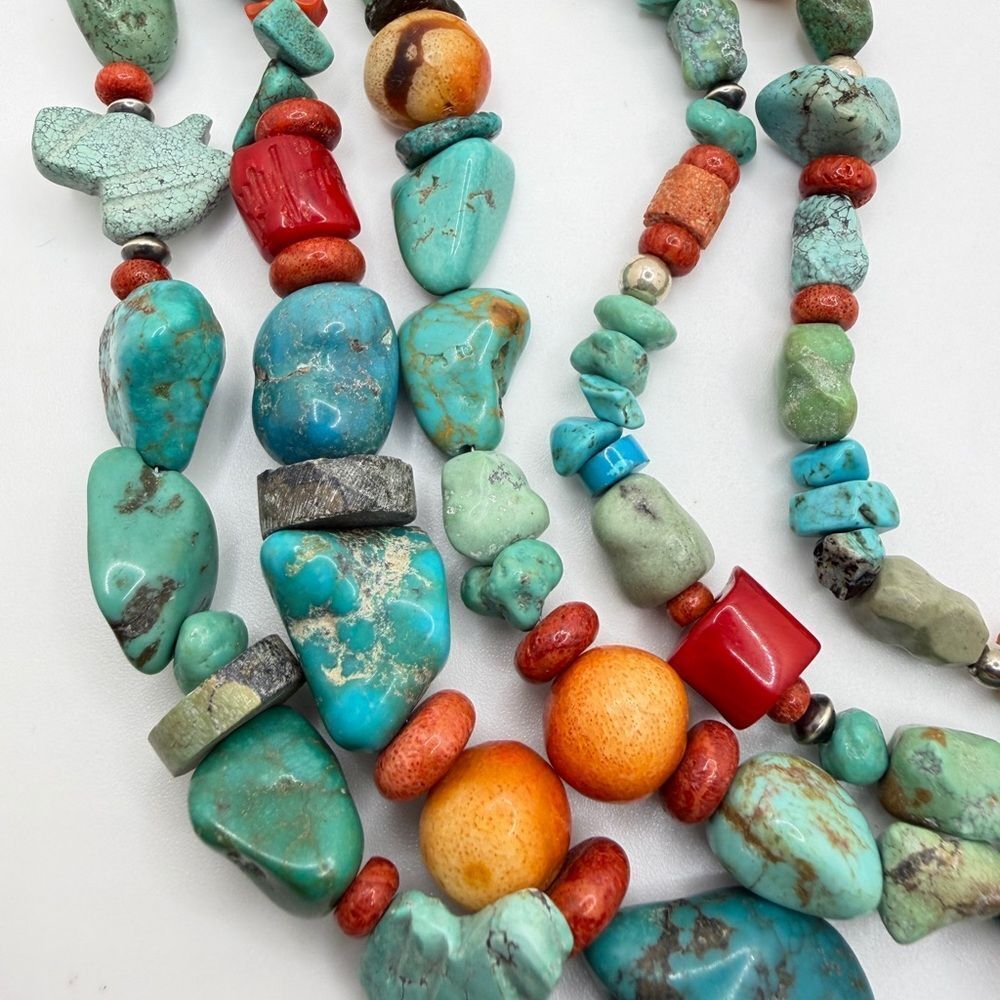AMAZING ~20" 5 strands of Coral, Silver, TURQUOISE beads w/ VTG 925 TAXCO clasp! - Picture 4 of 13